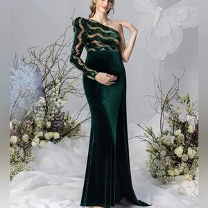 #326 Green Velvet One Shoulder Gold & Green Sequin Bodice Gown - XXL